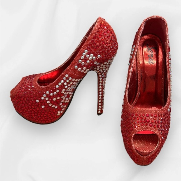 Jeru Woman’s 6 Red Rhinestone Open Toe High-Heels - Picture 1 of 6